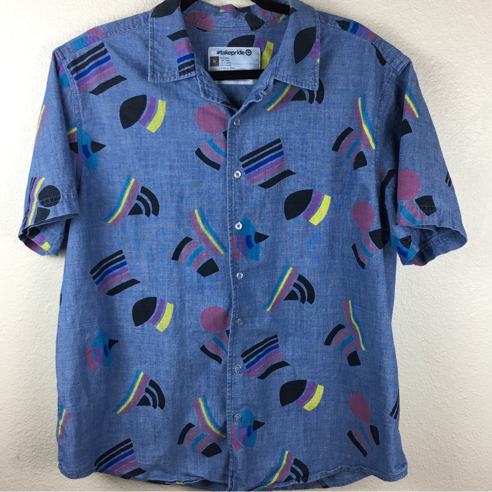 Pride Adult Short Sleeve Multiflag Button Down Shirt Denim Size XL